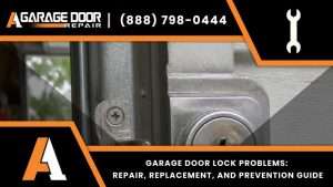 Technician servicing a garage door lock with lock cylinder replacement, a broken lock mechanism, and a keyed entry system for garage door lock near you.