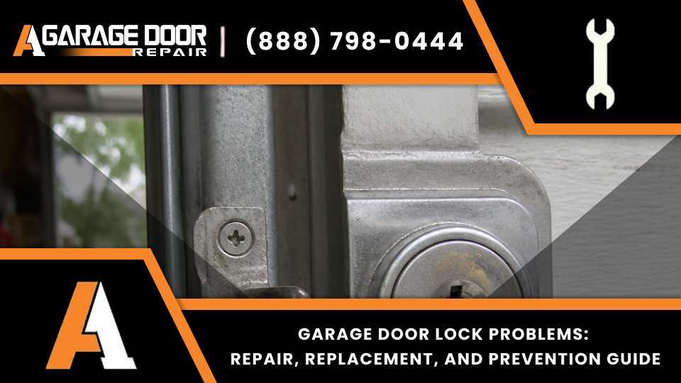 Technician servicing a garage door lock with lock cylinder replacement, a broken lock mechanism, and a keyed entry system for garage door lock near you.
