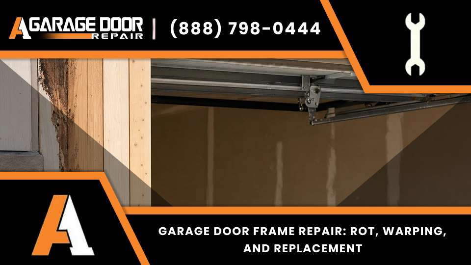 Garage door frame repair and jamb repair on a rotted frame before garage door frame replacement.