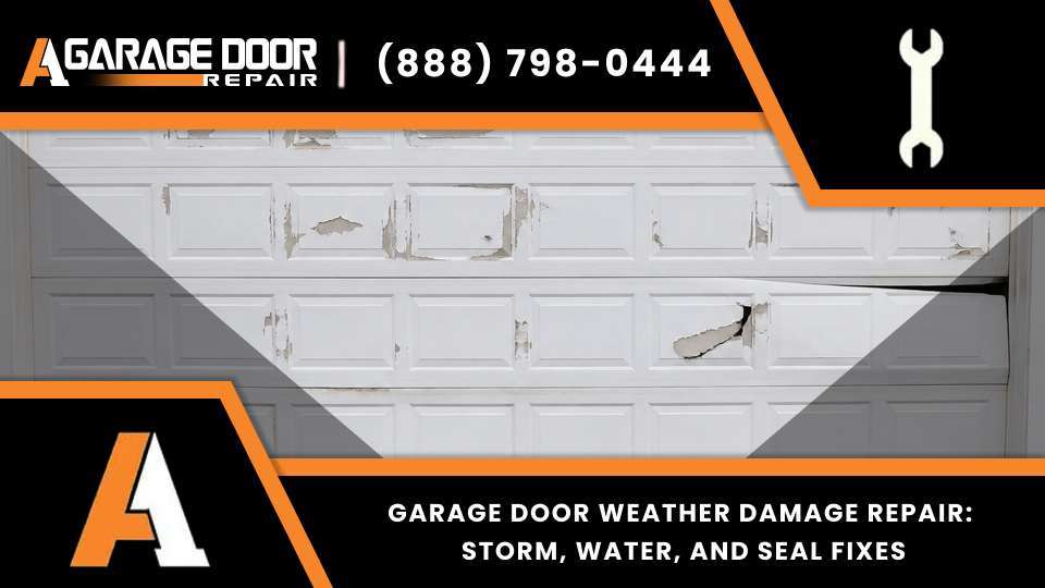 Garage door weather damage repair fixes a storm damaged garage door, garage door water damage, and worn garage door weather stripping near you.