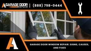 Garage door window repair on a broken, foggy garage door window before window replacement.