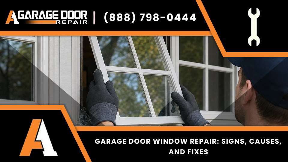 Garage door window repair on a broken, foggy garage door window before window replacement.